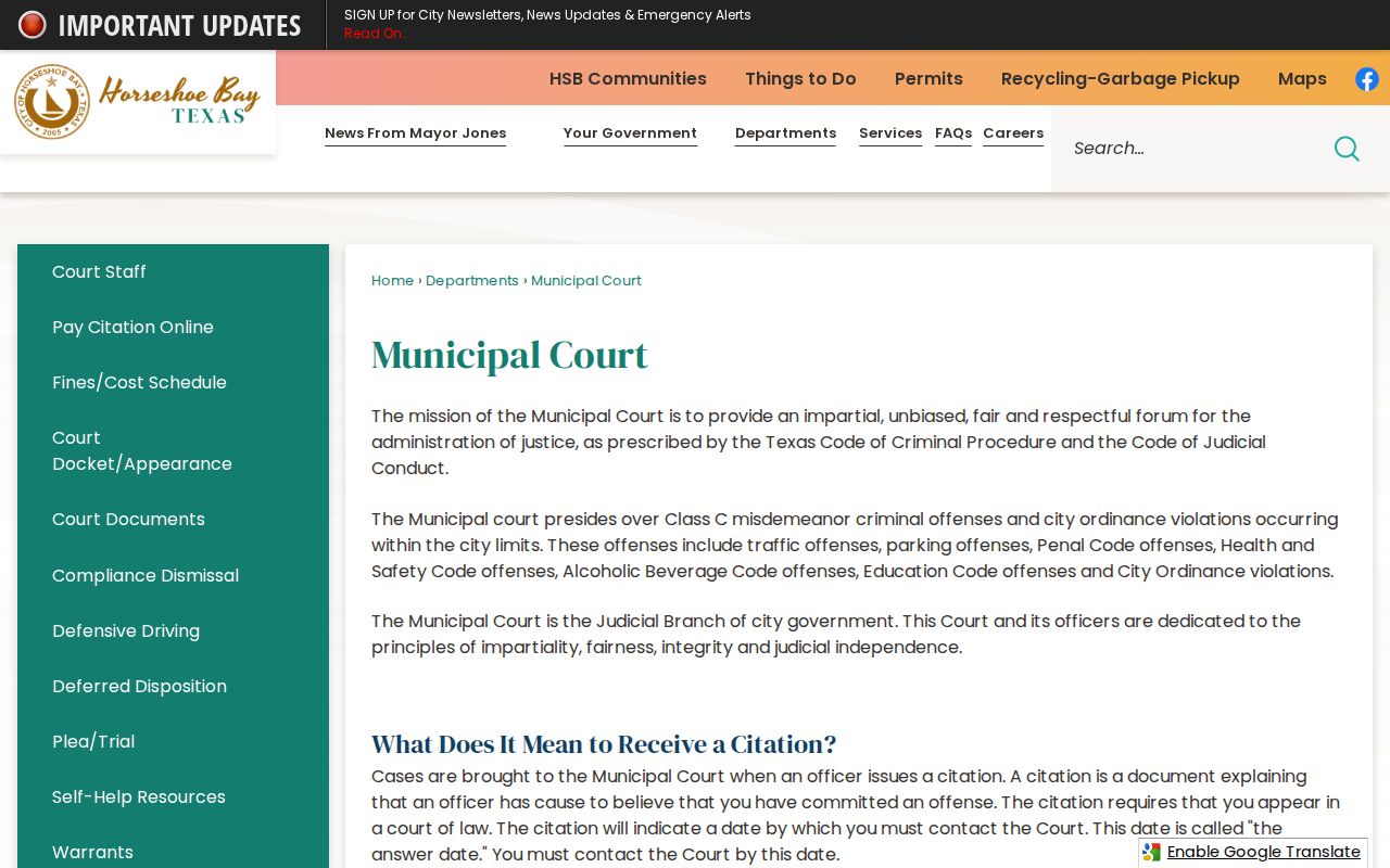 Horseshoe Bay municipal criminal court records guidance