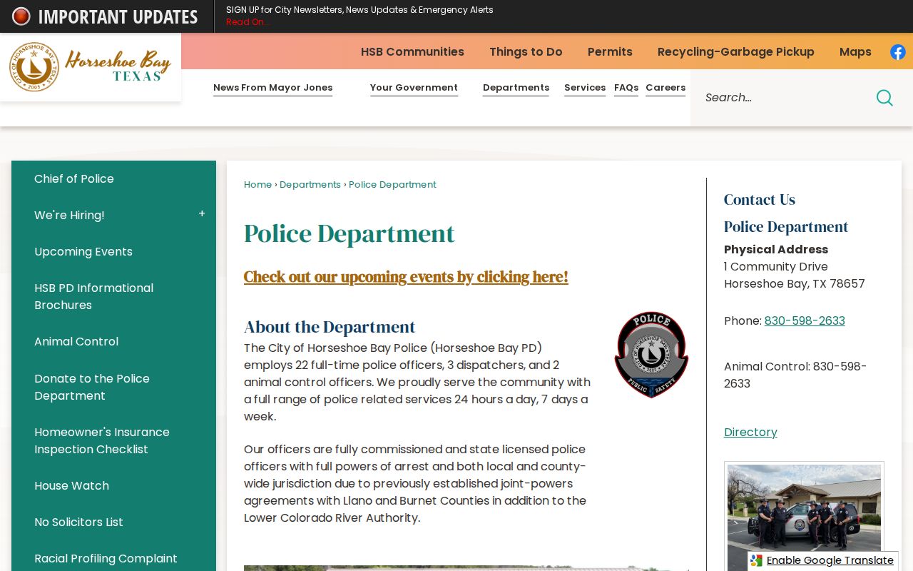 Horseshoe Bay police criminal records contact page
