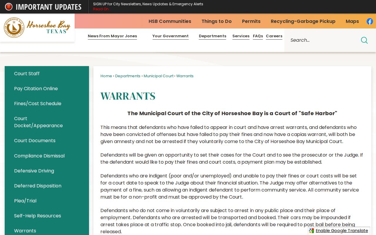 Horseshoe Bay warrant record Safe Harbor guidance
