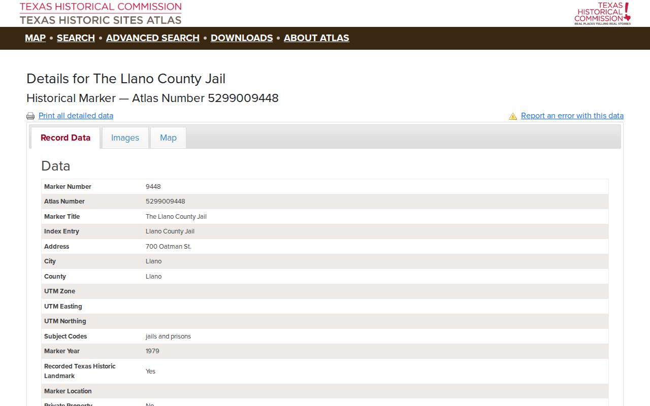 Historic Llano County jail arrest records building not current custody site