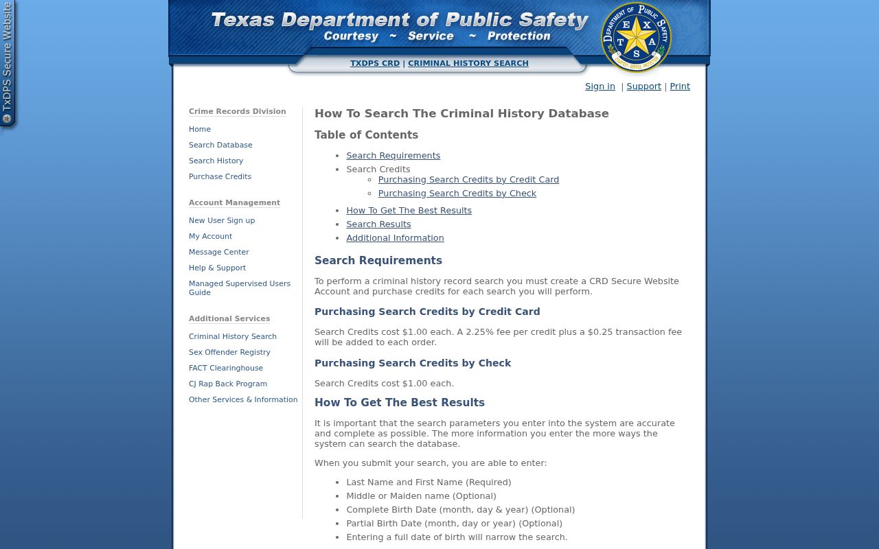 Llano County criminal history DPS search credit instructions