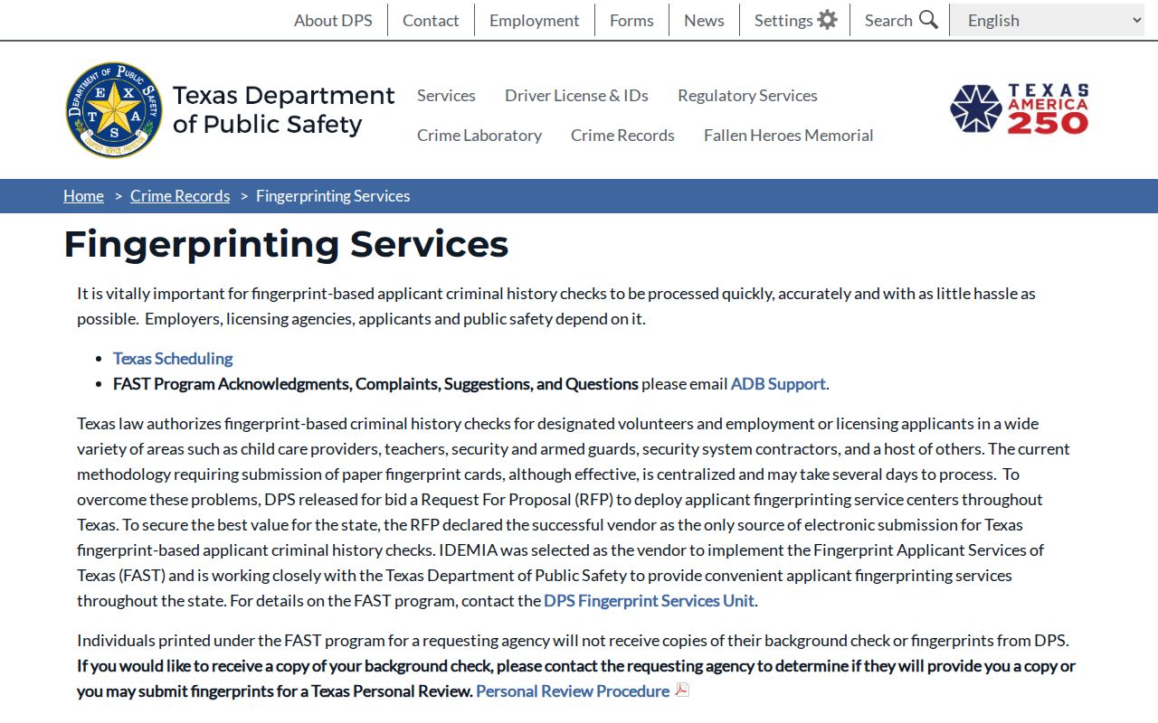 Llano County criminal record FAST fingerprint services
