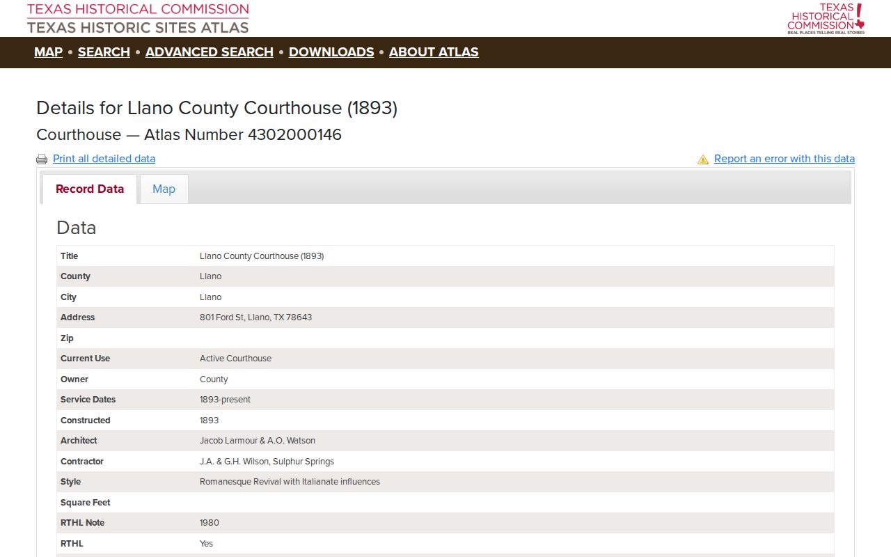 Llano County criminal records courthouse history page