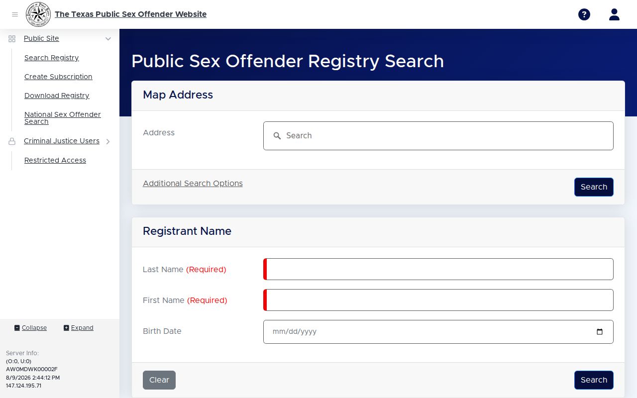 Llano County sex offender registry search form from Texas DPS