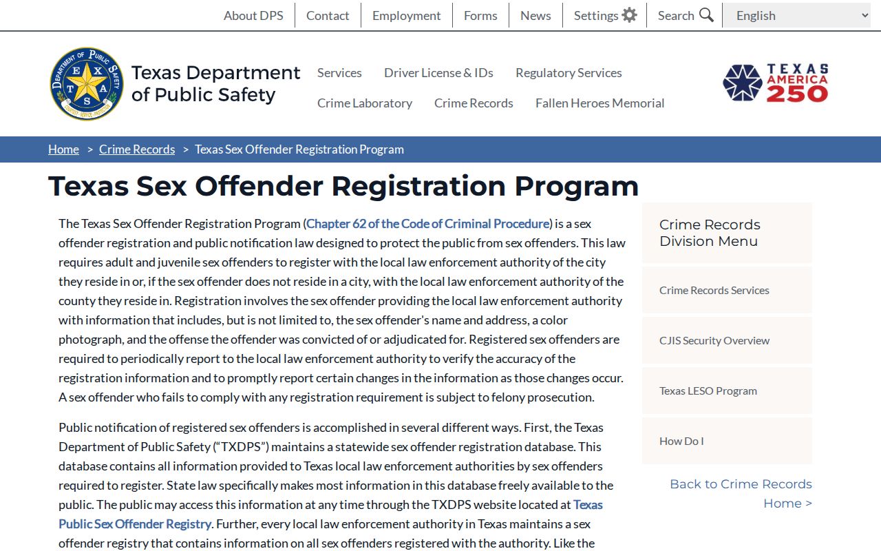 Texas DPS program information for Llano County sex offender registration