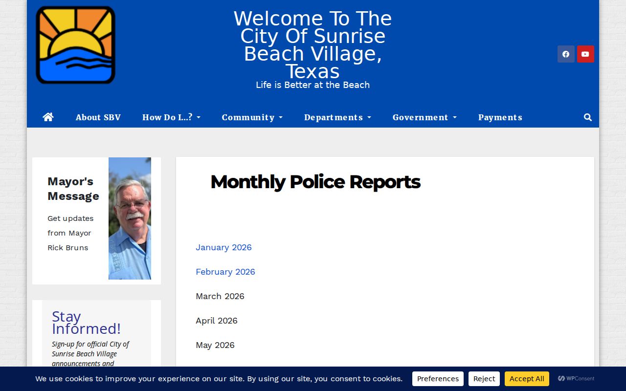 Sunrise Beach Village monthly police criminal records archive